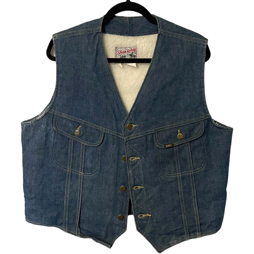 Vintage 70s Lee Storm Rider Sherpa Lined Denim Vest Trucker Jean Shearling XL